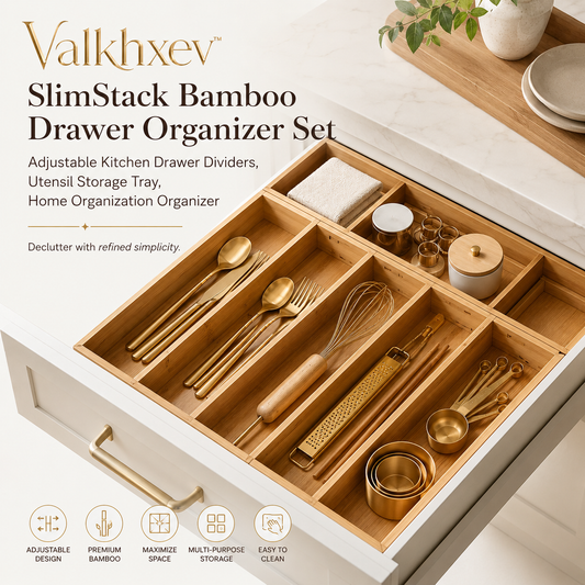 Valkhxev™ SlimStack Bamboo Drawer Organizer Set, Adjustable Kitchen Drawer Dividers, Utensil Storage Tray, Home Organization Organizer