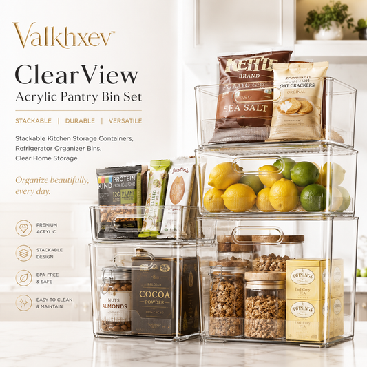 Valkhxev™ ClearView Acrylic Pantry Bin Set, Stackable Kitchen Storage Containers, Refrigerator Organizer Bins, Clear Home Storage