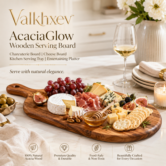 Valkhxev™ AcaciaGlow Wooden Serving Board, Charcuterie Board, Cheese Board, Kitchen Serving Tray, Entertaining Platter
